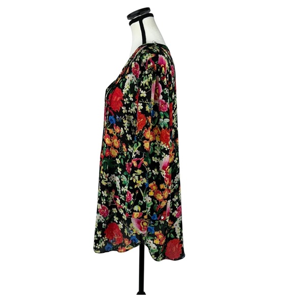 Rose + Olive Floral Blouse Women’s L Black Boho Tunic Top Pintuck Long Sleeve - Picture 4 of 11